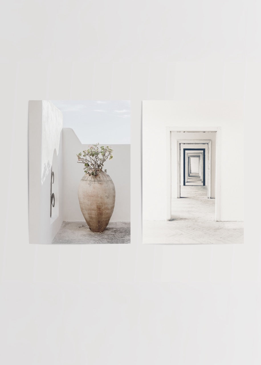 Serene minimalist poster set featuring a vase and architectural corridor.