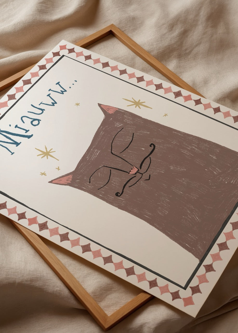 Whimsical illustration of a moustached cat with playful design.
