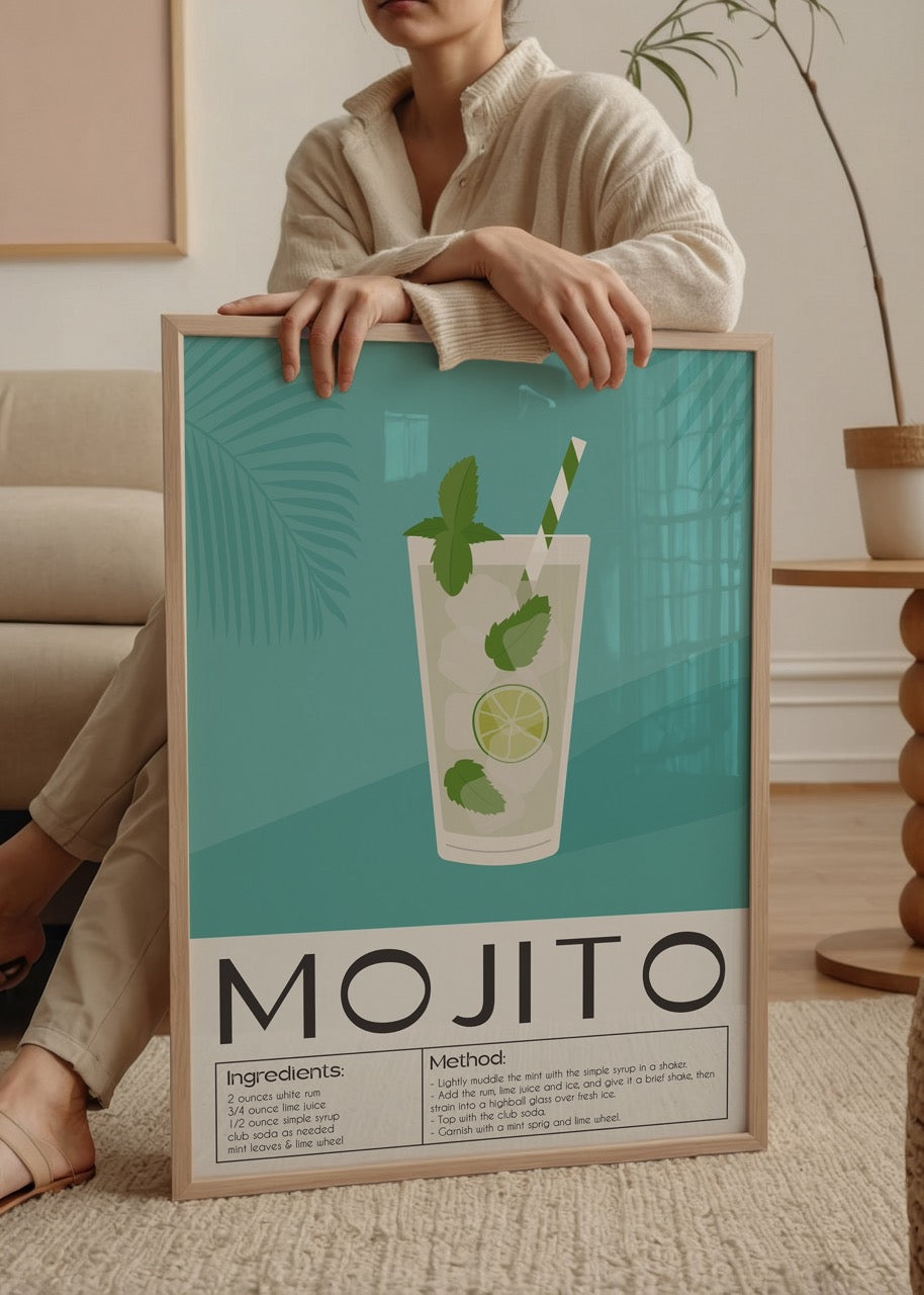 Vibrant illustration of a Mojito cocktail with recipe details.