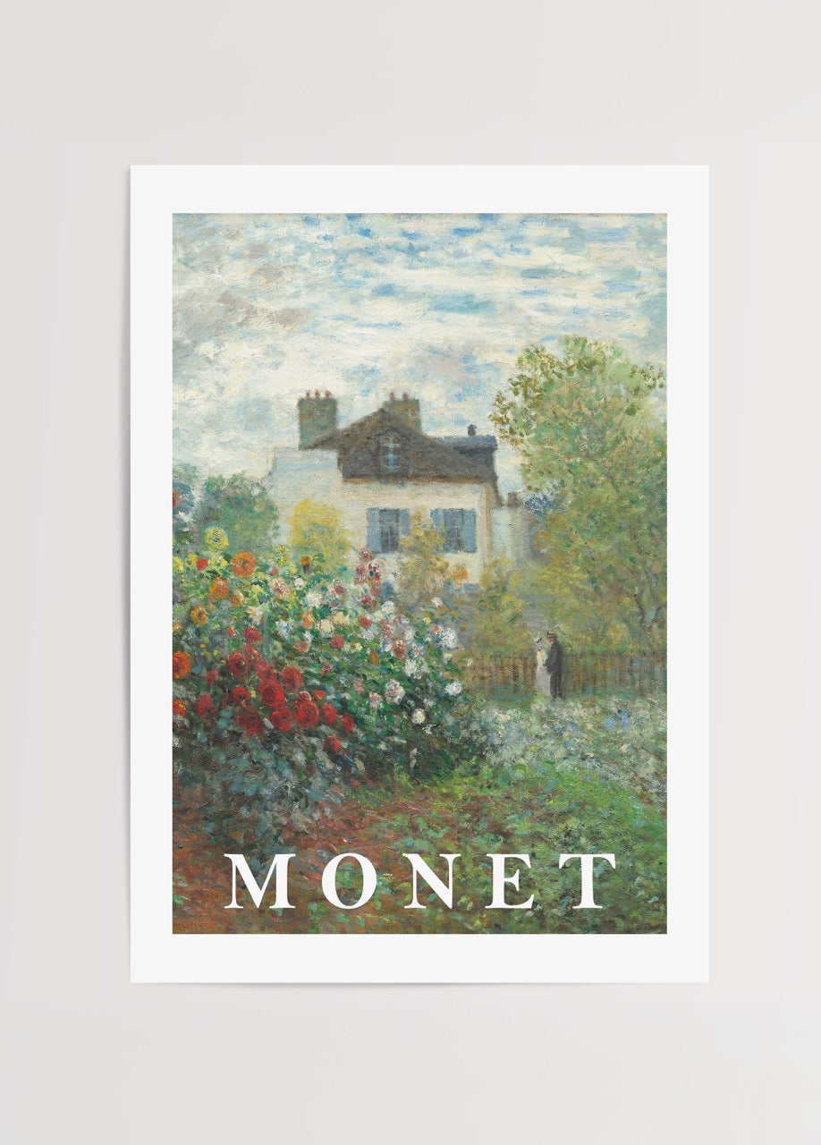 Impressionist garden painting featuring vibrant flowers and serene house.