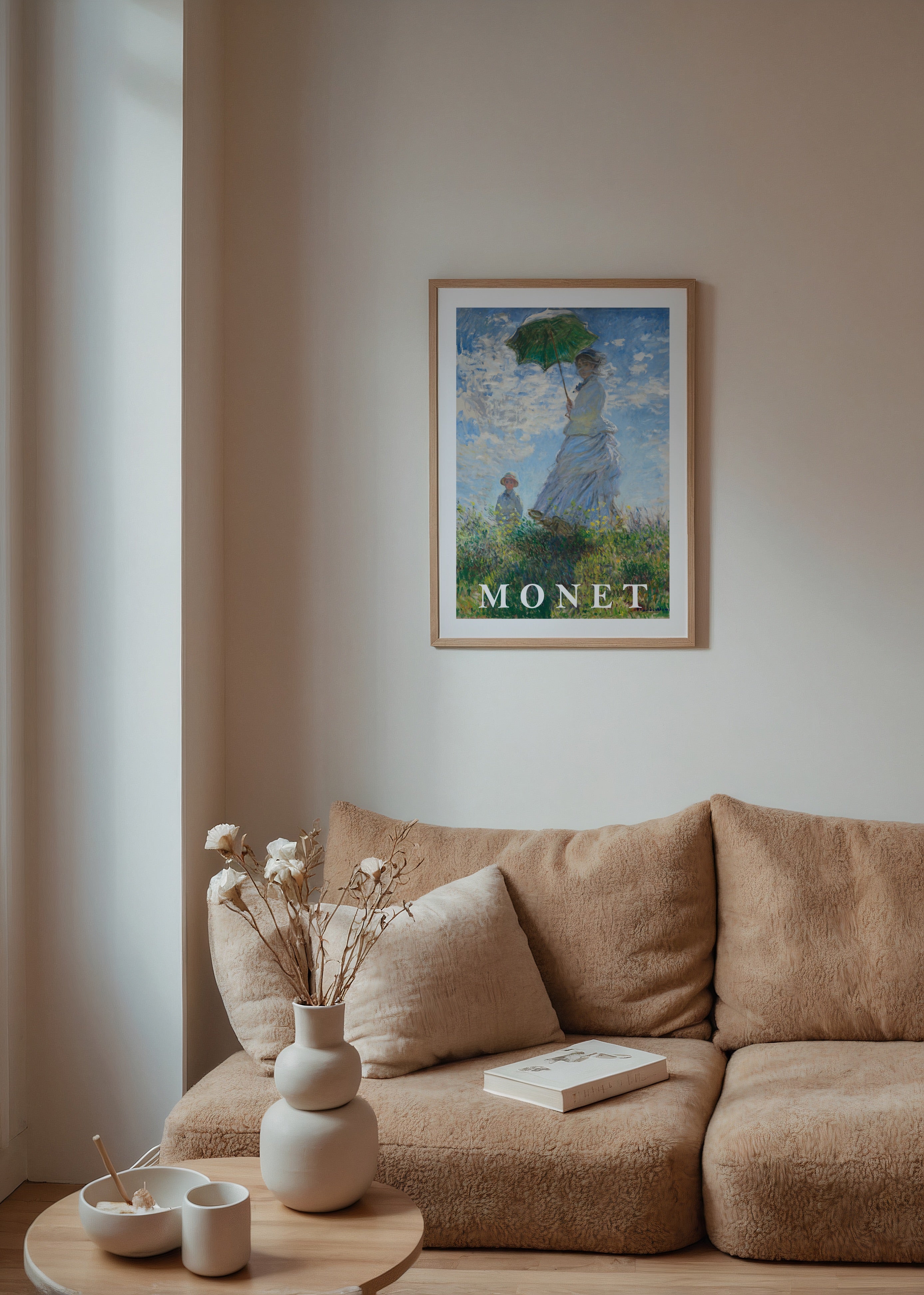 A vibrant poster of a woman with a parasol in an impressionist style.