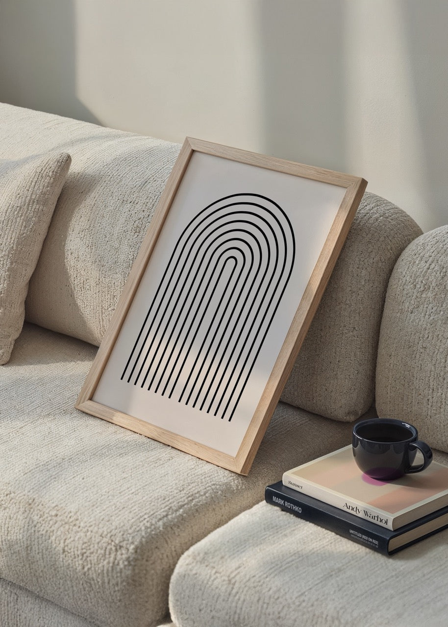 Minimalist poster print featuring elegant curved black lines on a light background.