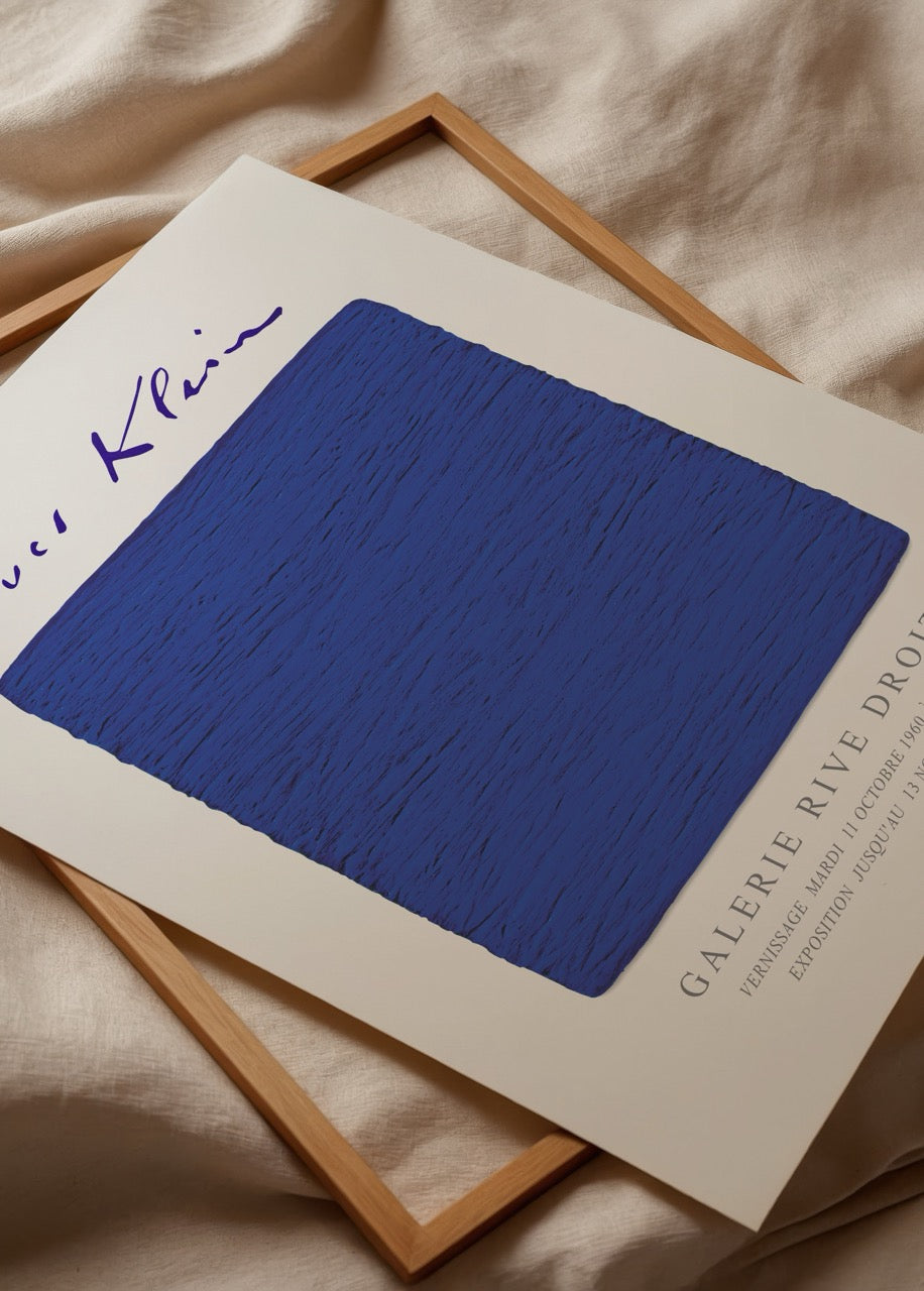 Deep blue abstract wall art print on textured background.