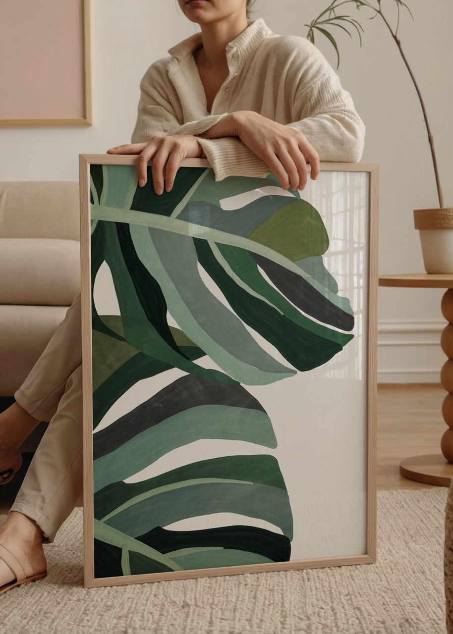Lush Monstera Leaf Print showcasing vibrant green leaves for wall art.