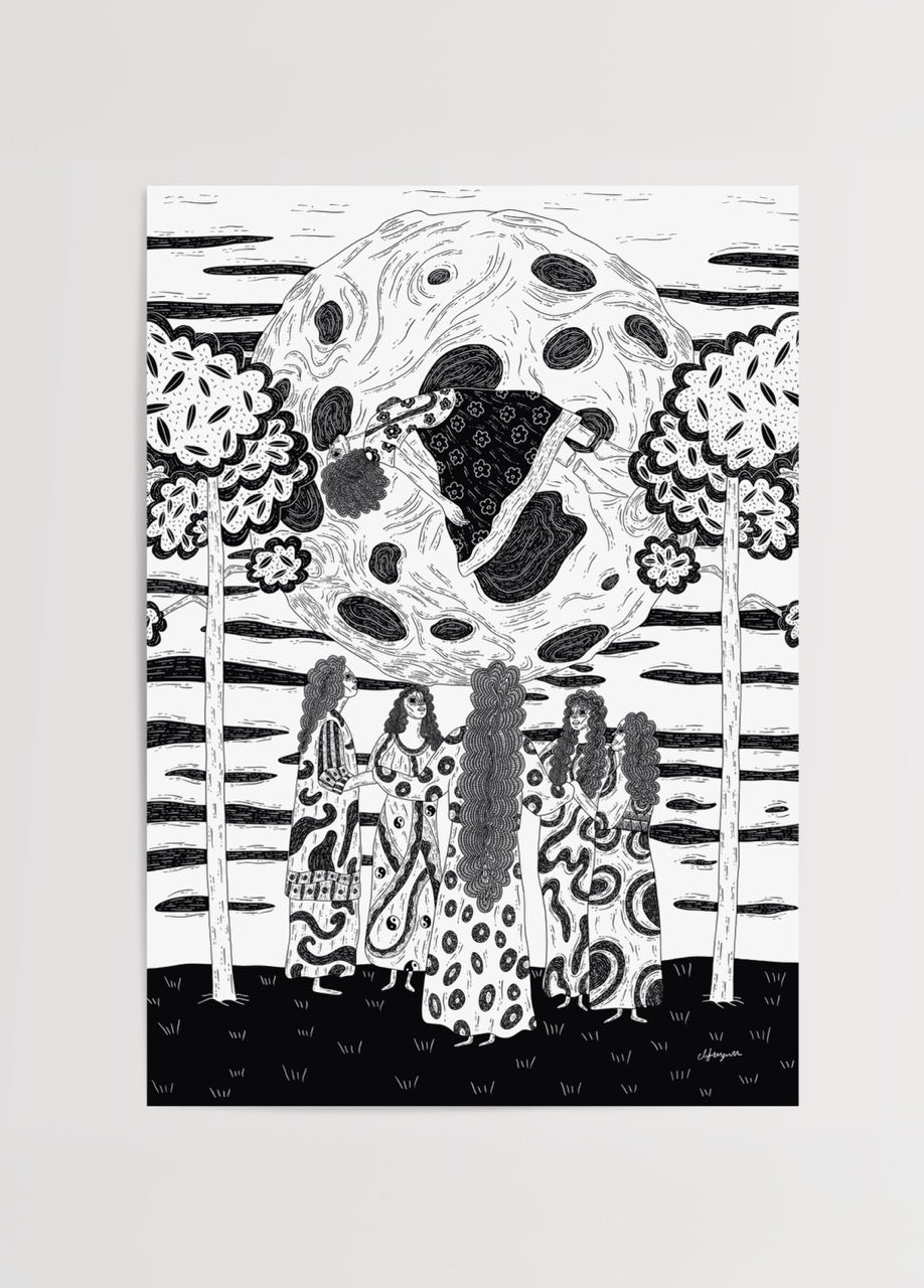 Intricate black-and-white illustrated poster featuring figures under a large moon.