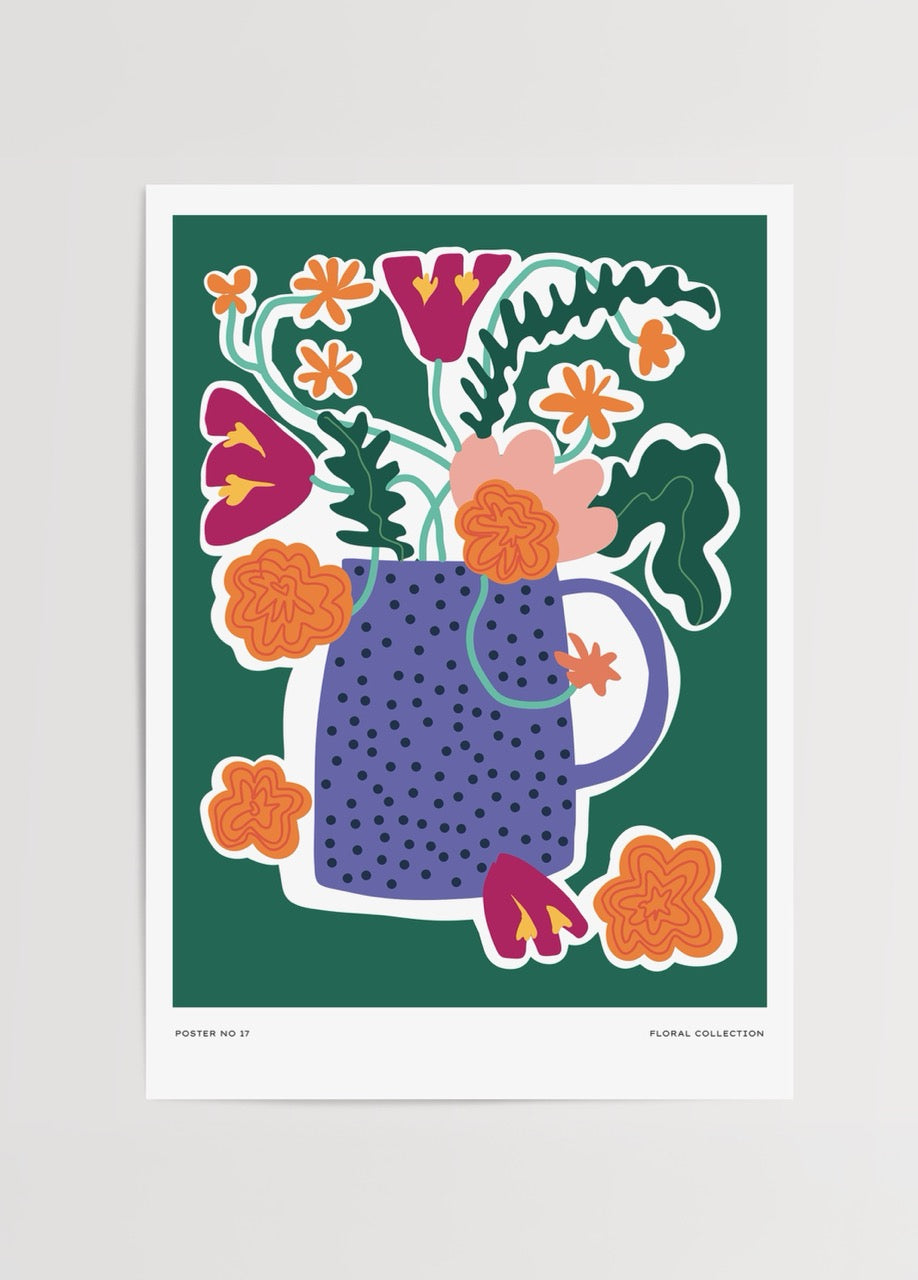Vibrant floral arrangement in a blue pot on a green background, perfect for wall art decor.