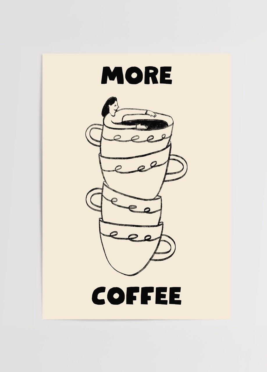Minimalist coffee art print featuring stacked cups and a whimsical illustration.