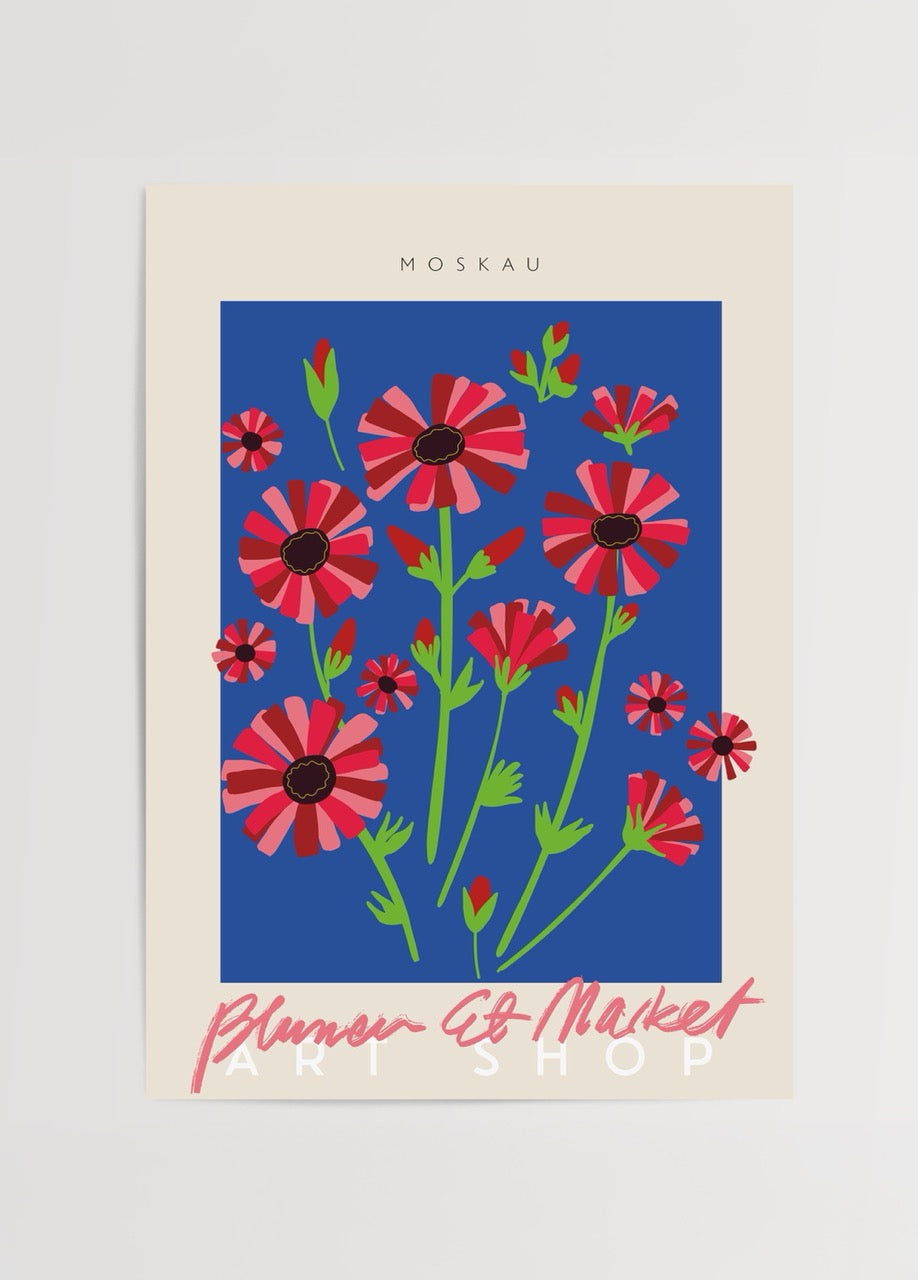 Vibrant floral market print with red flowers on blue background