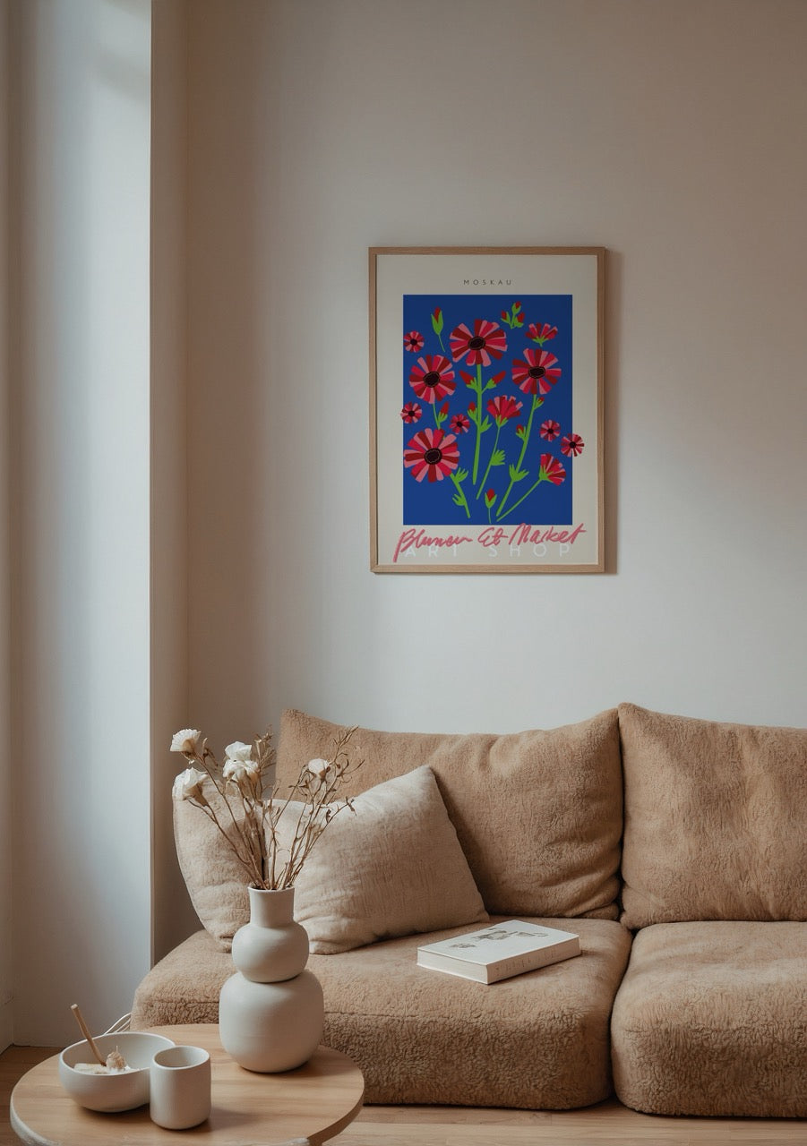 Vibrant floral market print with red flowers on blue background