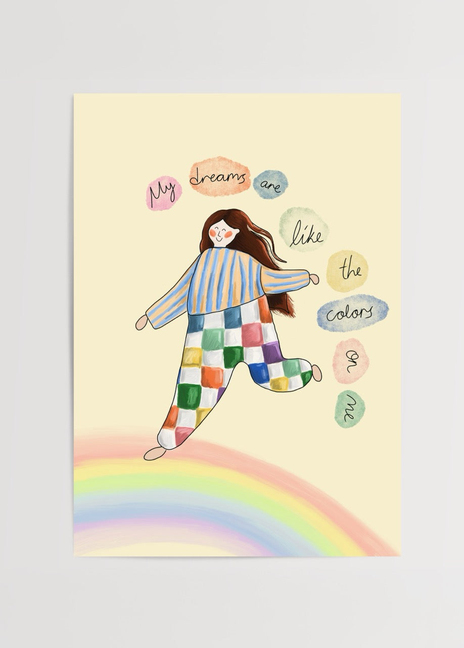 Colourful artwork featuring a figure with dreams as vibrant colours, ideal for whimsical wall decor.