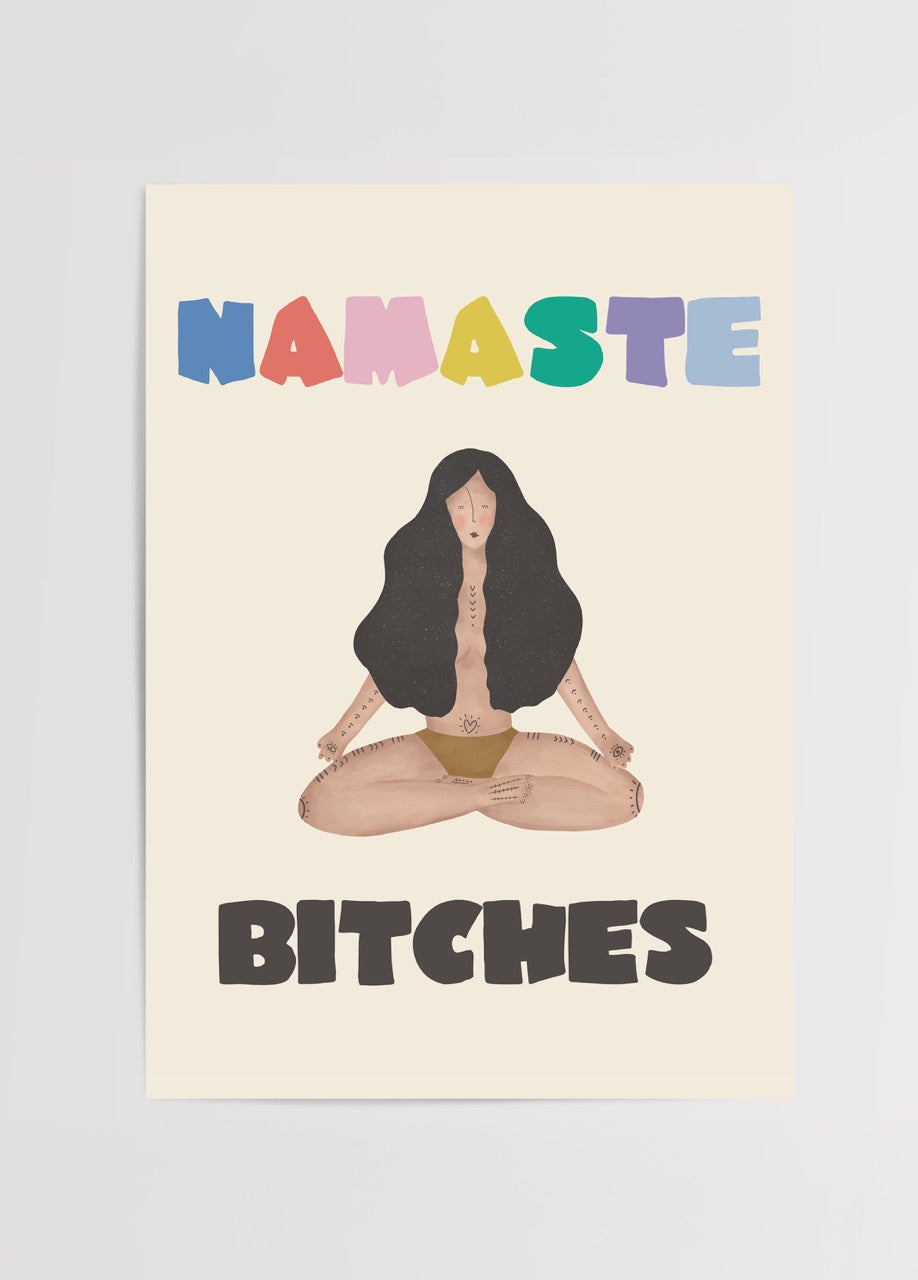 Namaste Poster Print featuring a seated figure in meditation with colourful typography.