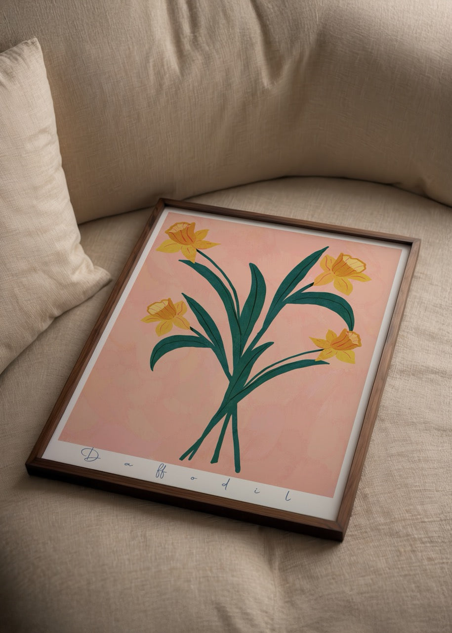 Bright daffodils illustration on a pink background, ideal for wall art.