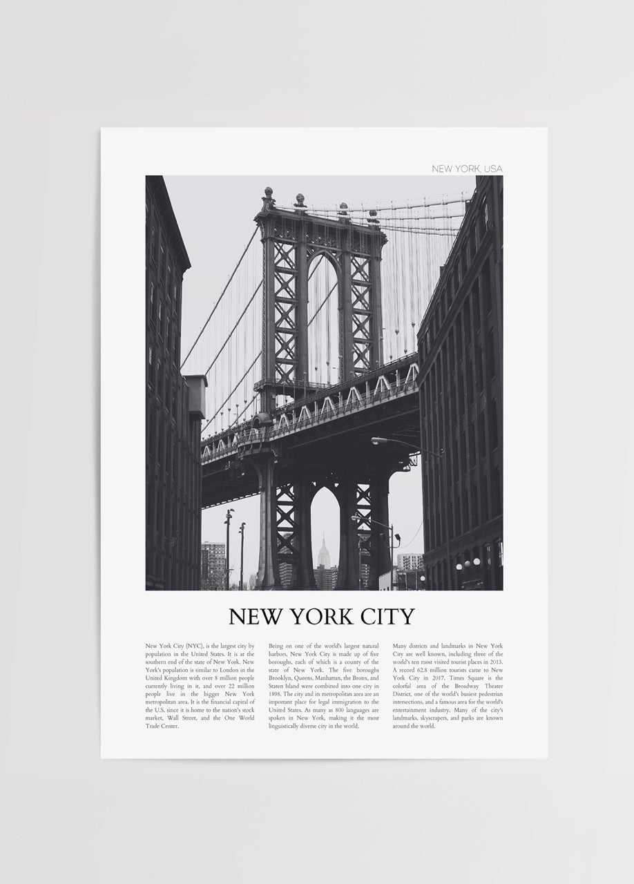 Black and white architectural print of Brooklyn Bridge in New York City.
