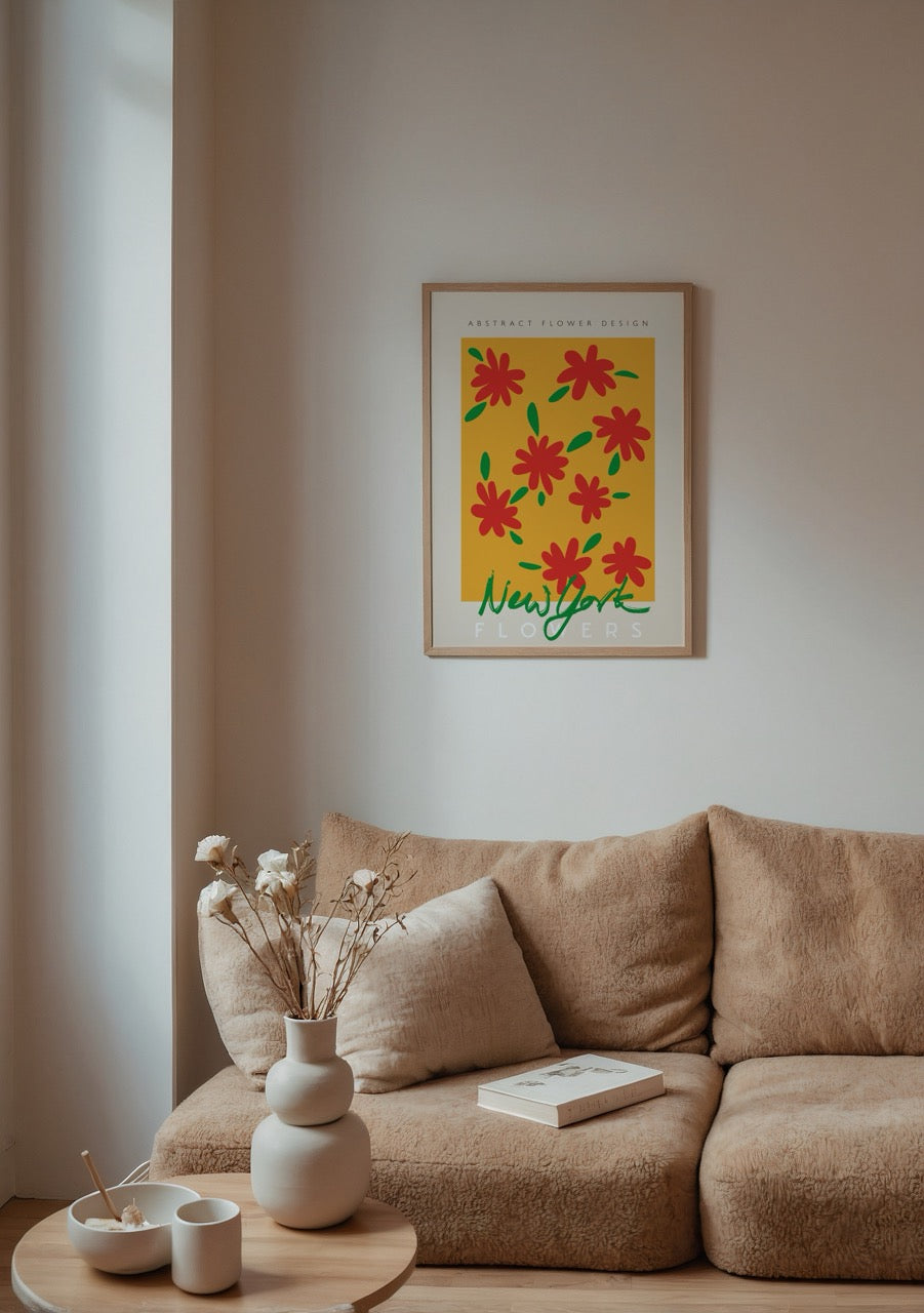 Vibrant abstract floral design with red flowers on yellow background.