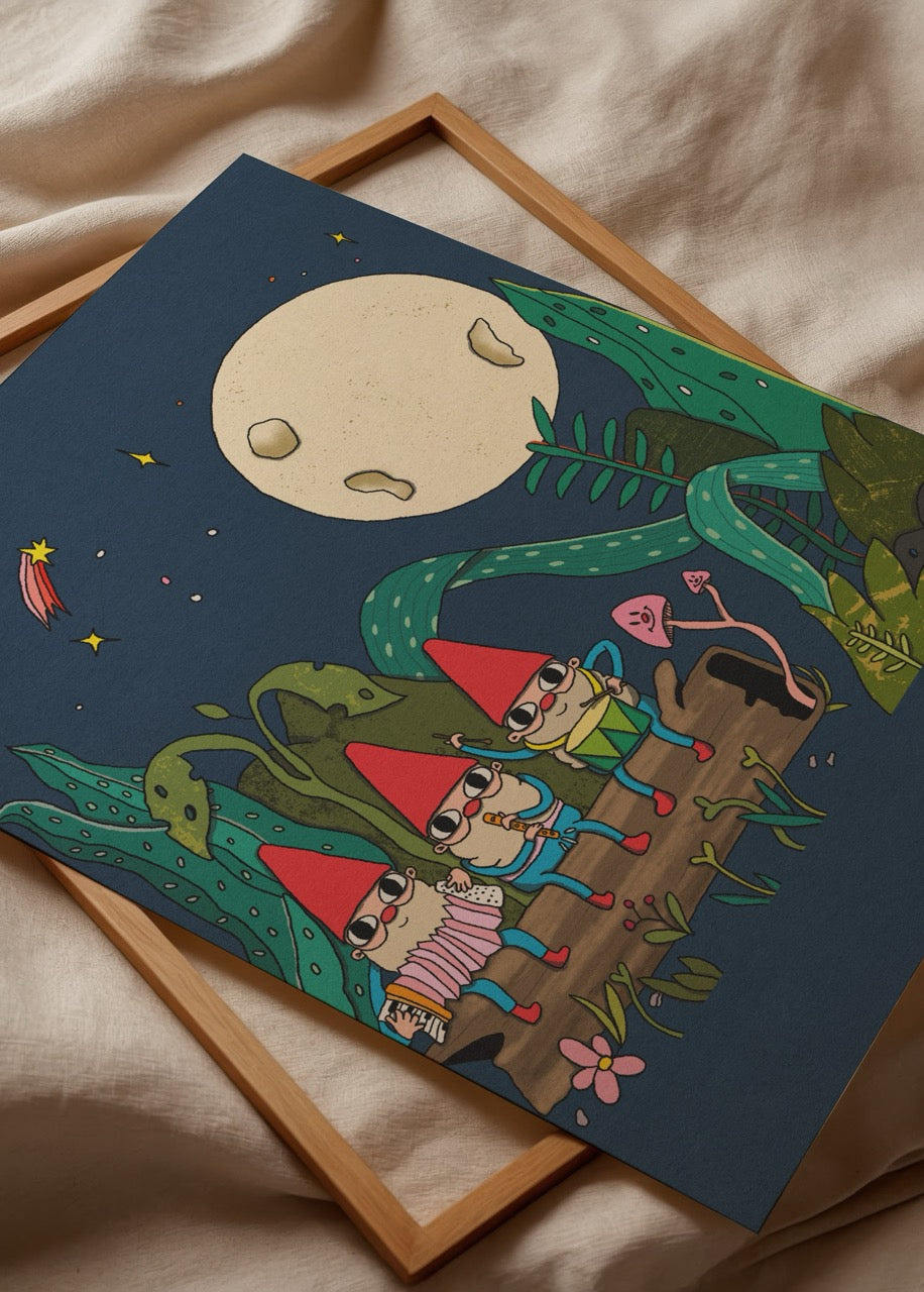 Whimsical night scene featuring playful birds under a full moon surrounded by greenery.