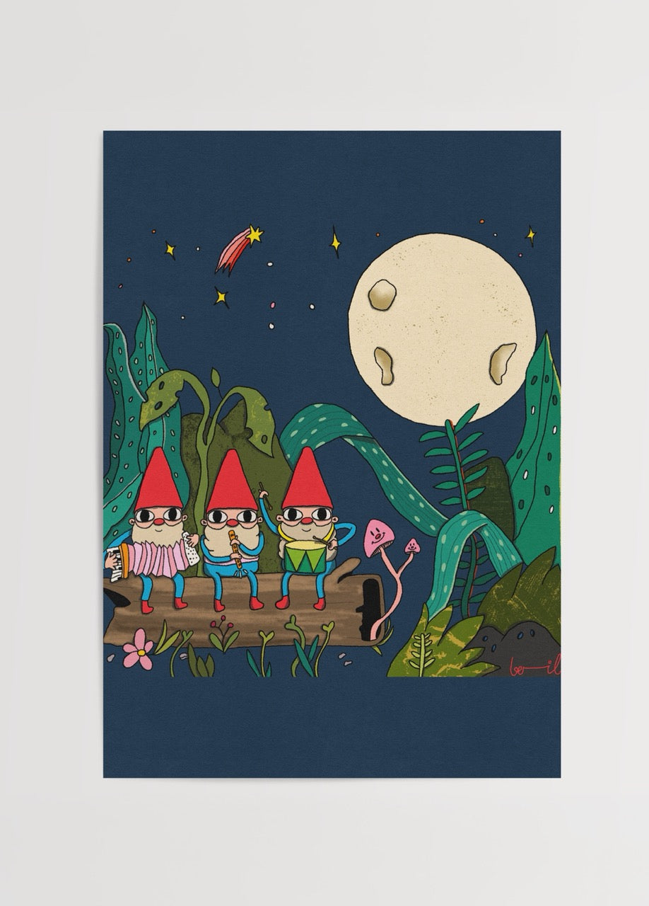 Whimsical night scene featuring playful birds under a full moon surrounded by greenery.