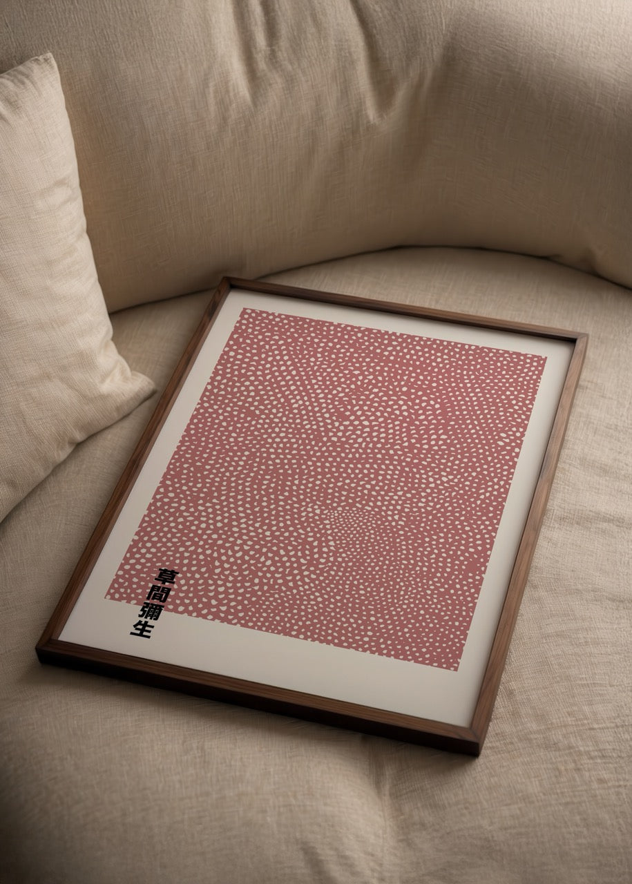 Contemporary art print featuring intricate red dot patterns.