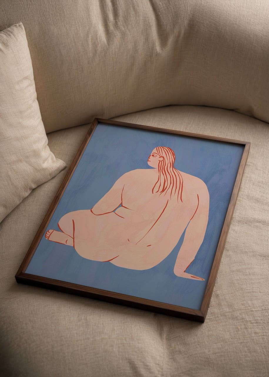 A serene blue poster featuring a nude figure, ideal for modern wall art.