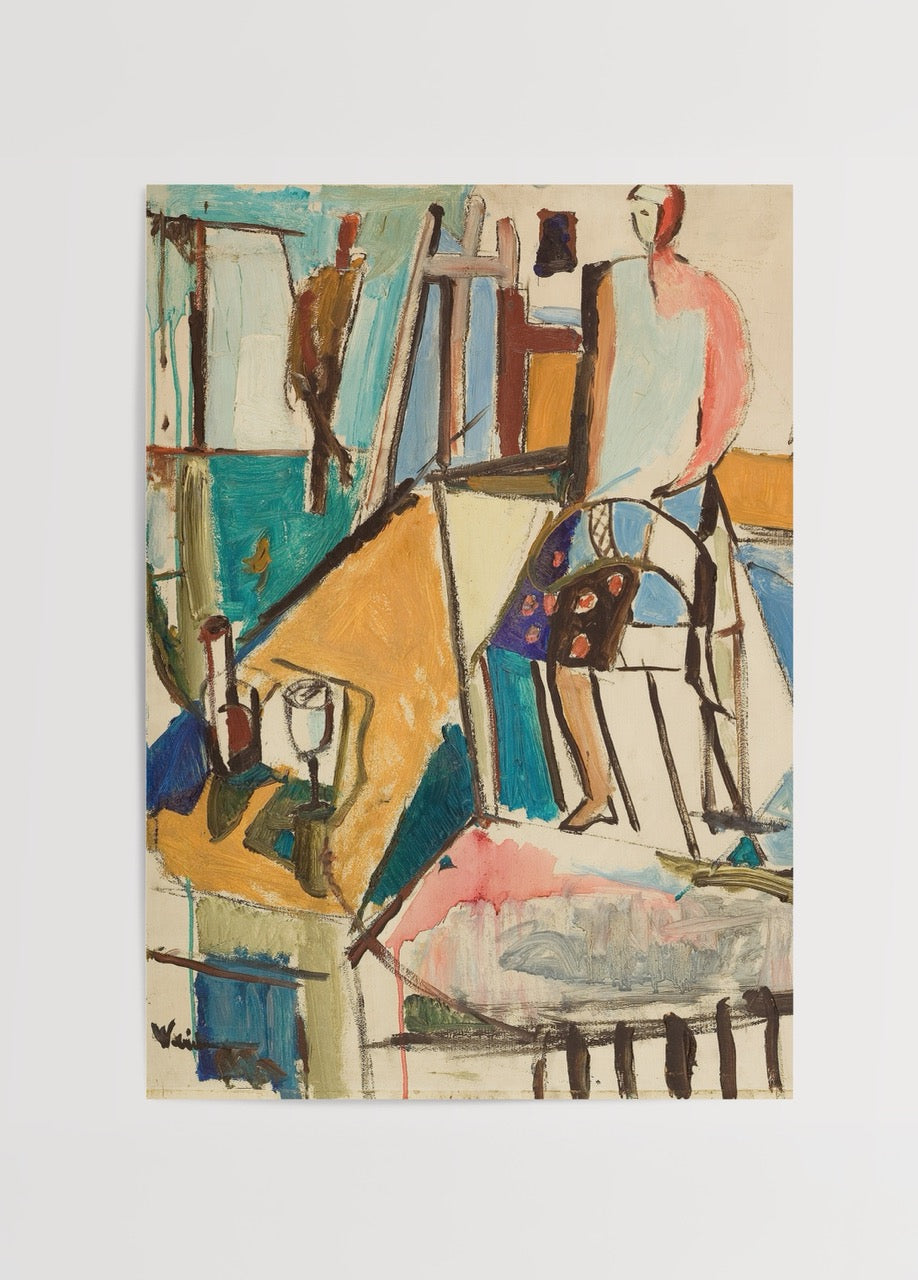 A vibrant abstract figurative artwork featuring dynamic colours and forms, perfect for modern interior styling.