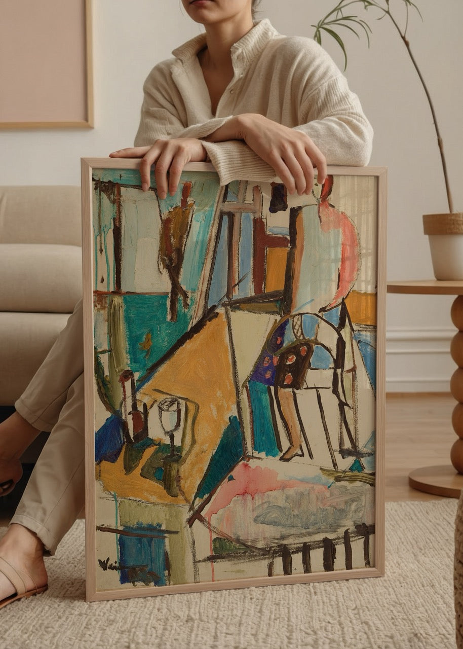 A vibrant abstract figurative artwork featuring dynamic colours and forms, perfect for modern interior styling.