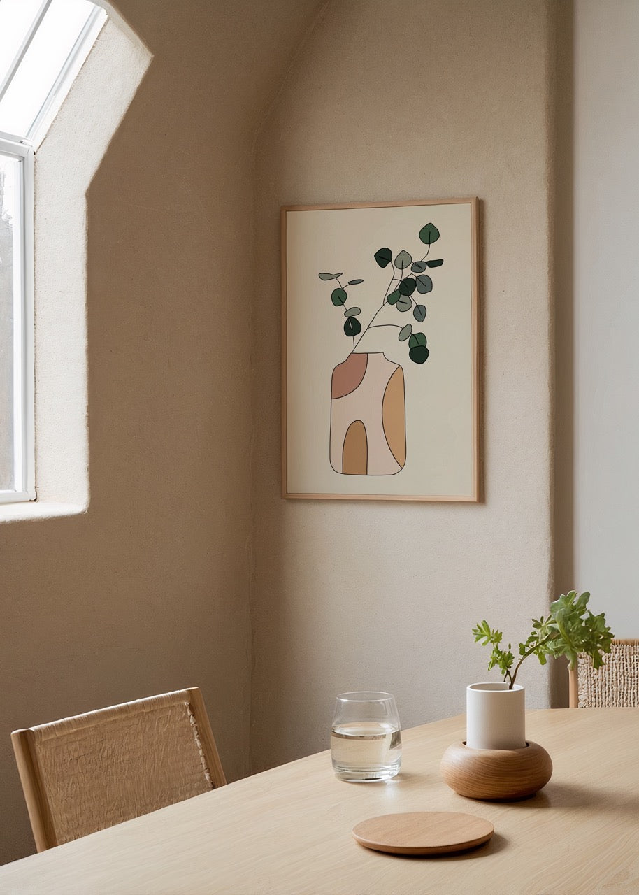 Abstract art print featuring eucalyptus in a stylish vase.