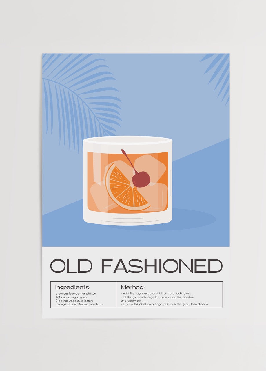 Classic Old Fashioned cocktail art print featuring ingredients and method.
