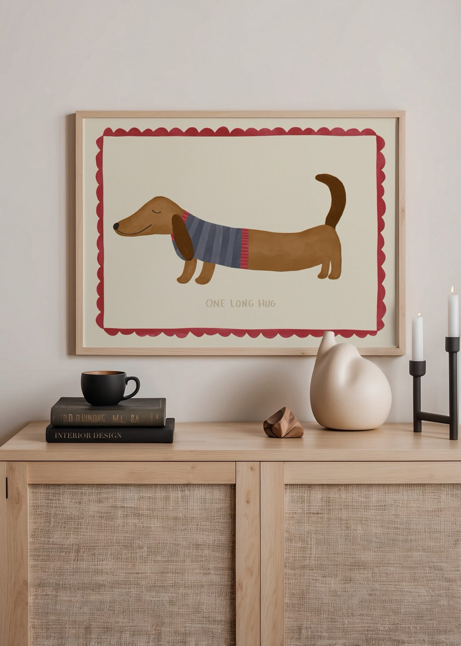 A whimsical illustration of a relaxed dog in a sweater, titled &