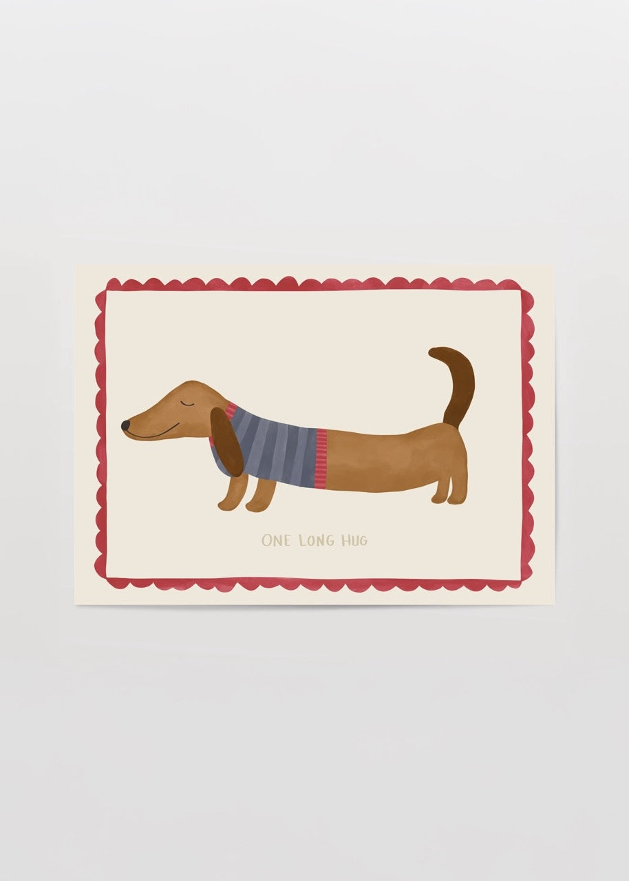 A whimsical illustration of a relaxed dog in a sweater, titled &