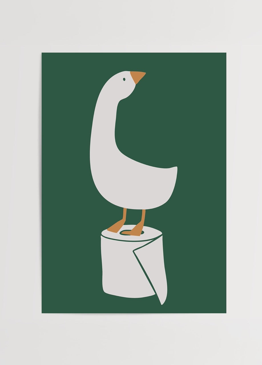 A humorous illustration of a duck standing on a roll against a green background.