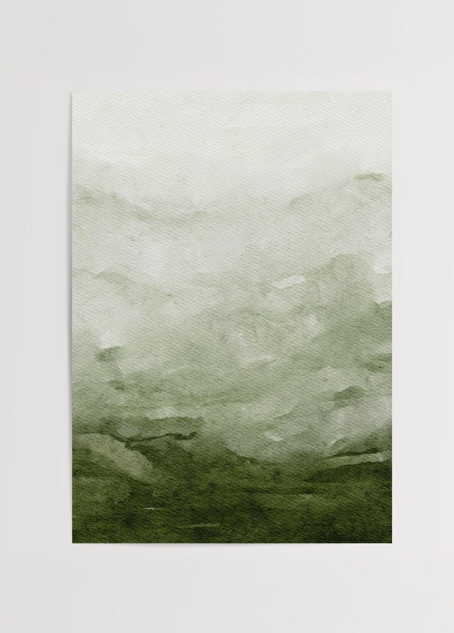 Watercolour print showcasing soft green tones inspired by natural landscapes.
