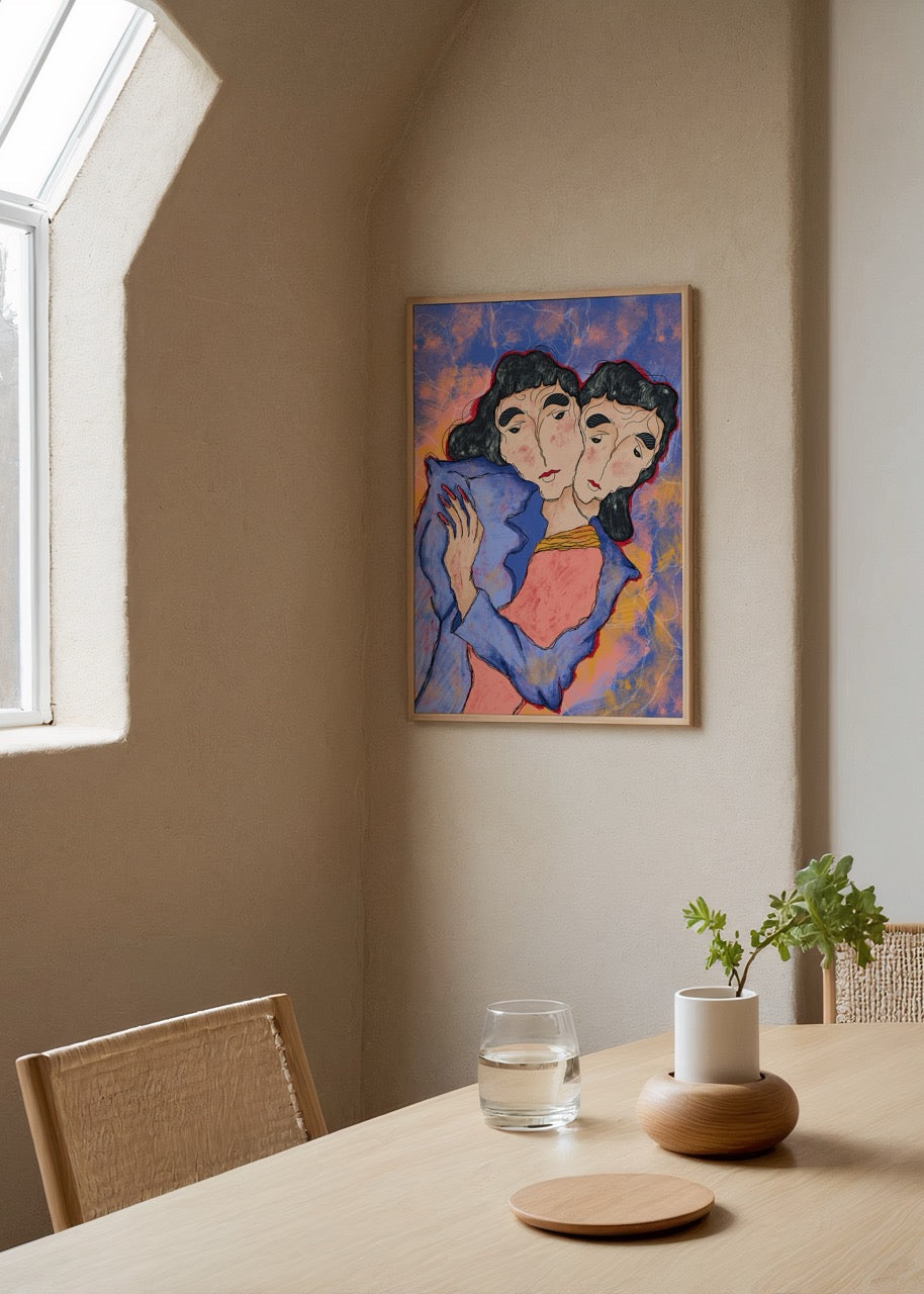 Vibrant artwork featuring two abstract figures on a colourful background, ideal for modern interiors.