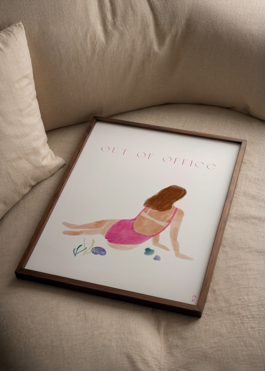 Out of Office poster featuring a relaxed figure in a pink swimsuit, ideal for modern wall art.
