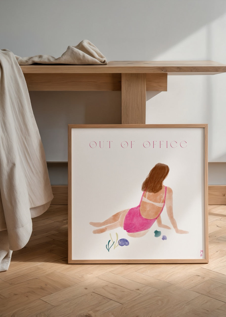 Out of Office poster featuring a relaxed figure in a pink swimsuit, ideal for modern wall art.