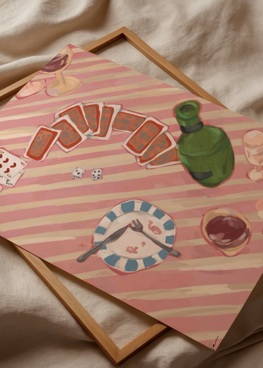 A playful arrangement of cards, wine, and dining items in &
