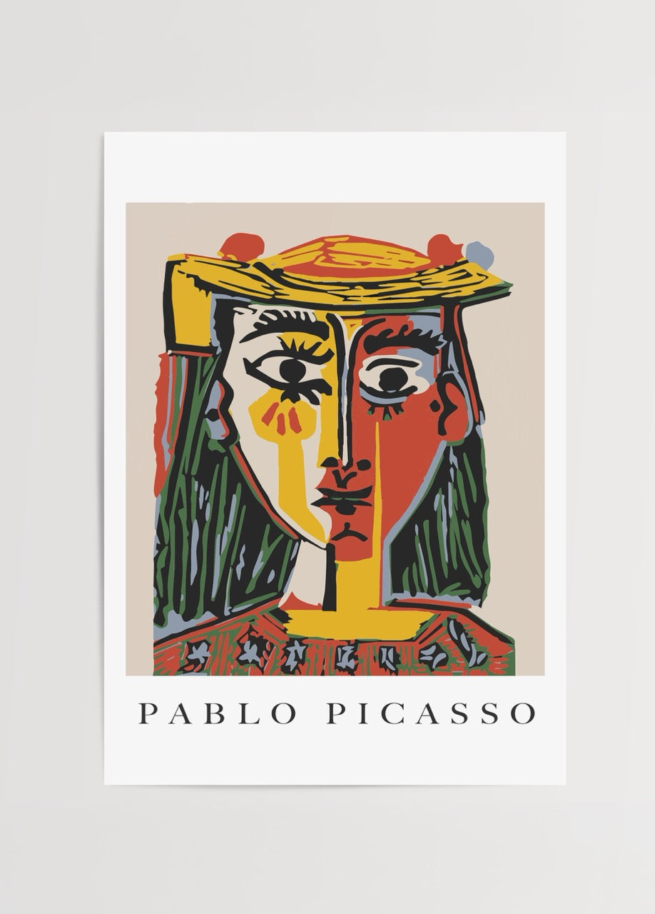 Vibrant abstract portrait art print featuring bold lines and colours.