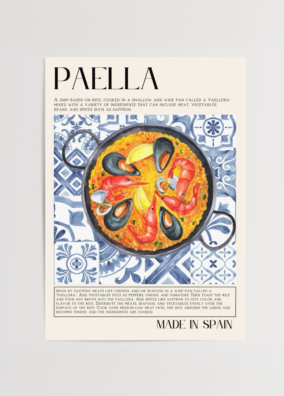 Vibrant paella art print showcasing a colourful dish with seafood.