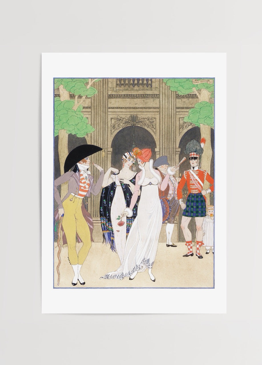 A vibrant art print featuring figures in elegant attire at Palais Royal, showcasing celebration and sophistication.