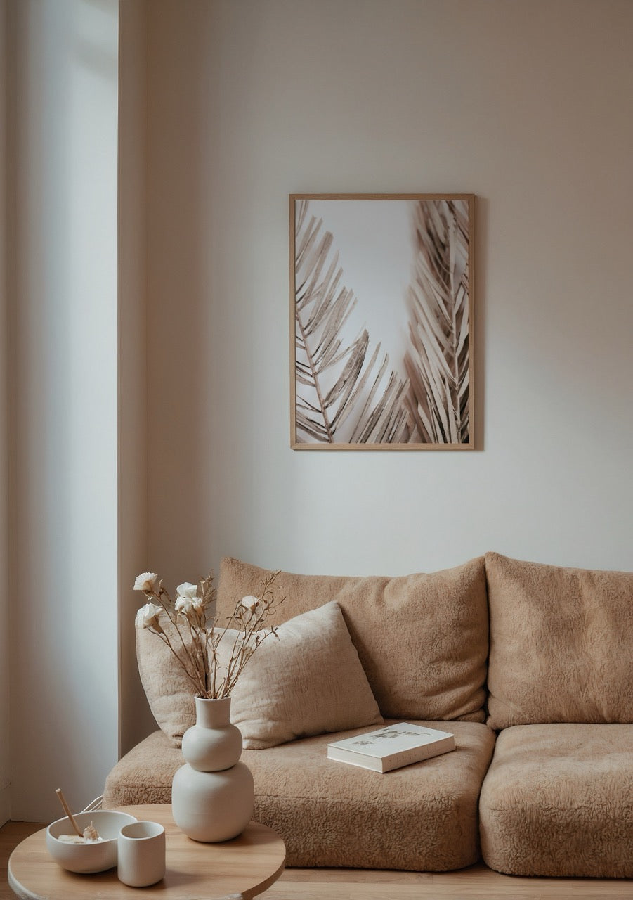 Whispers of Palm Fronds Art Print featuring soft beige palm leaves.