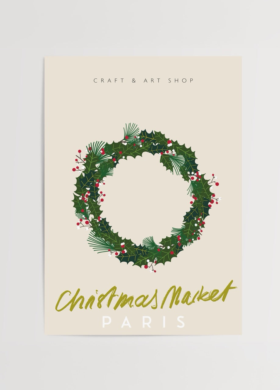 Festive illustration of a Christmas wreath with berries on a beige background.