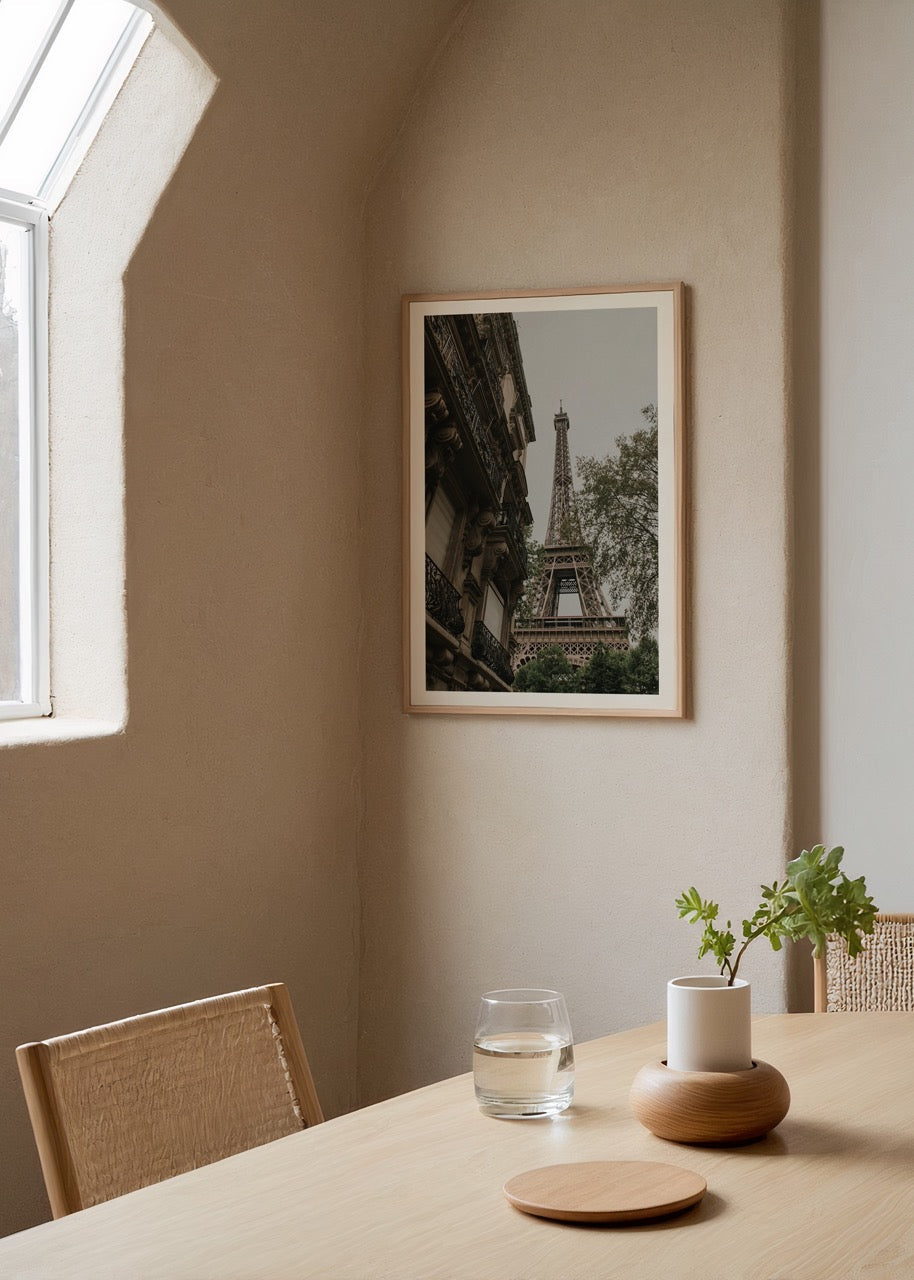 Elegant Parisian skyline art print featuring the Eiffel Tower.