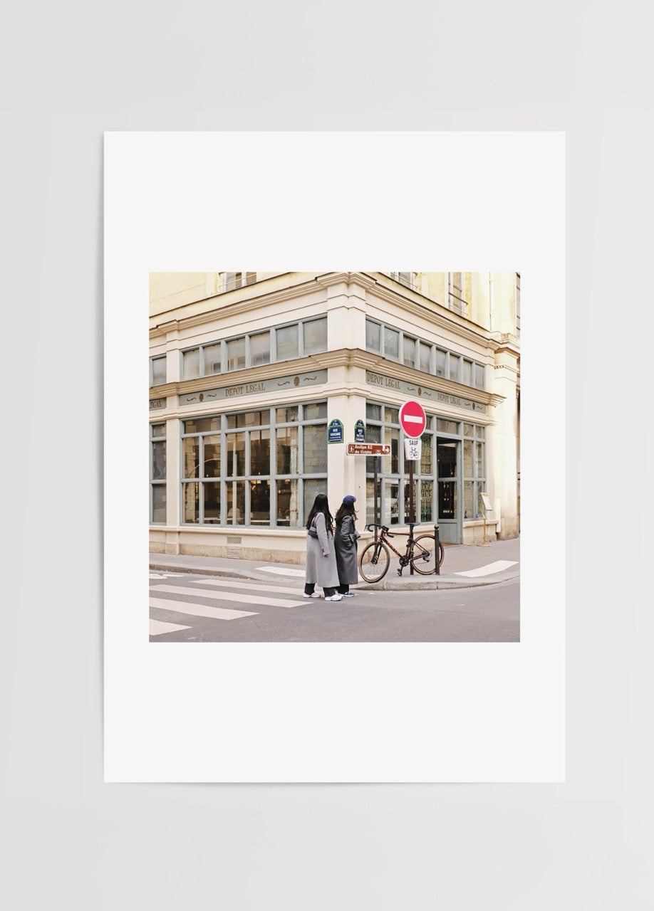 Paris Corner Photo Poster Print showcasing a bustling street scene in soft tones.