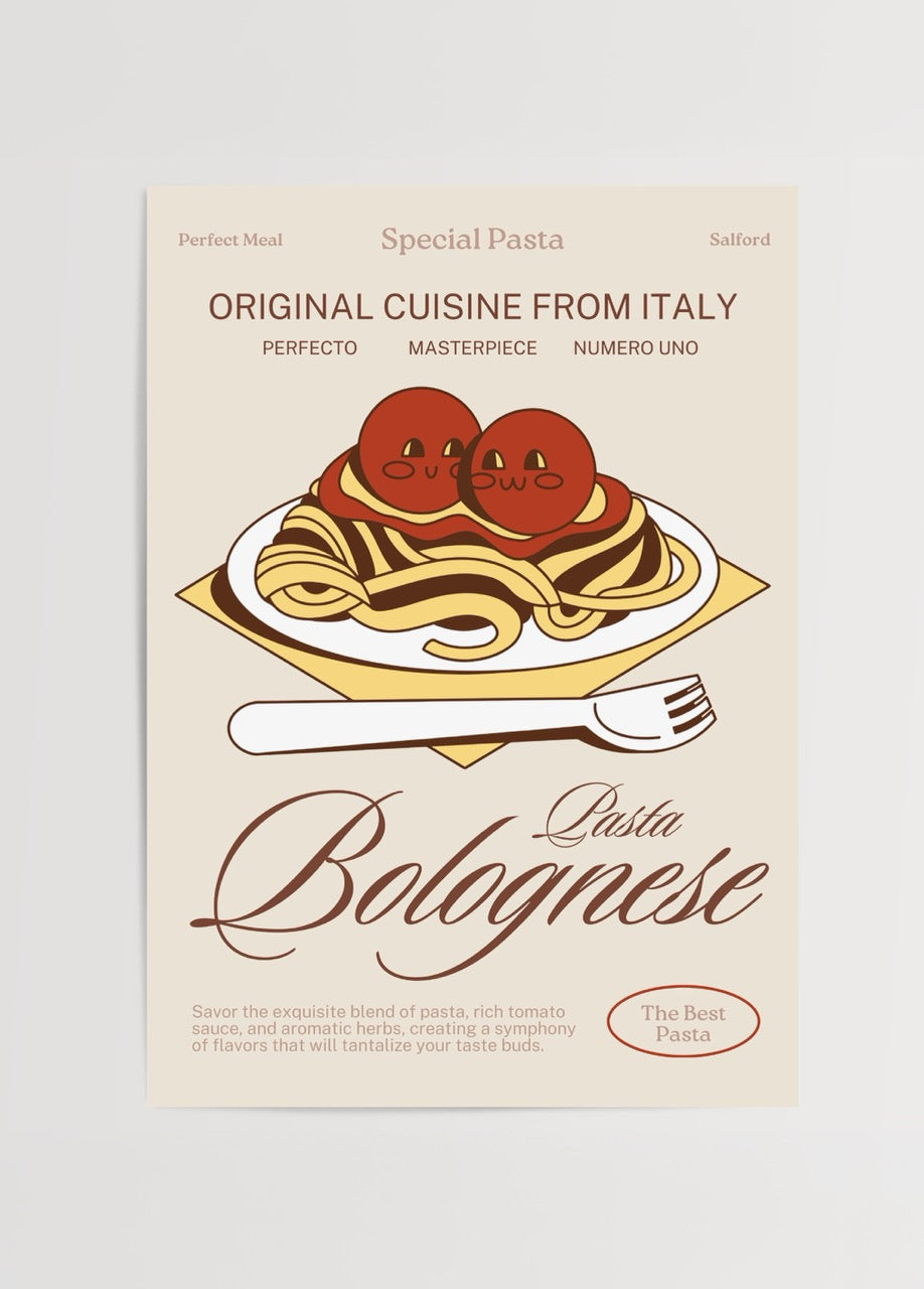 Illustrative wall art of Pasta Bolognese, featuring vibrant pasta and tomato design.