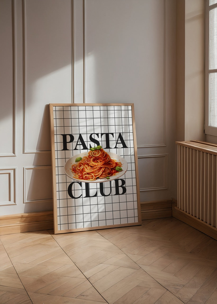 A vibrant poster print featuring a plate of pasta with bold text &