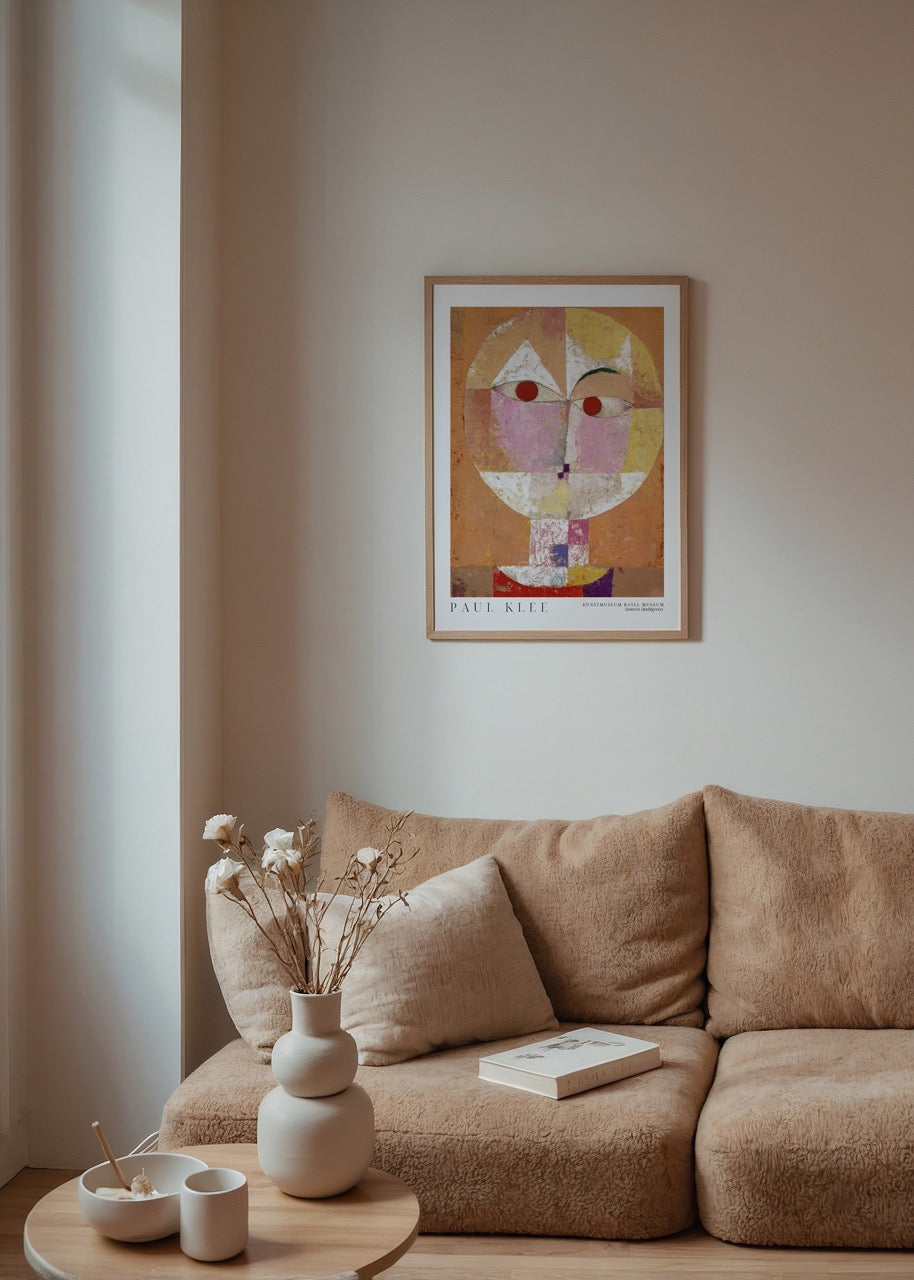 Whimsical abstract portrait art print featuring vibrant shapes.