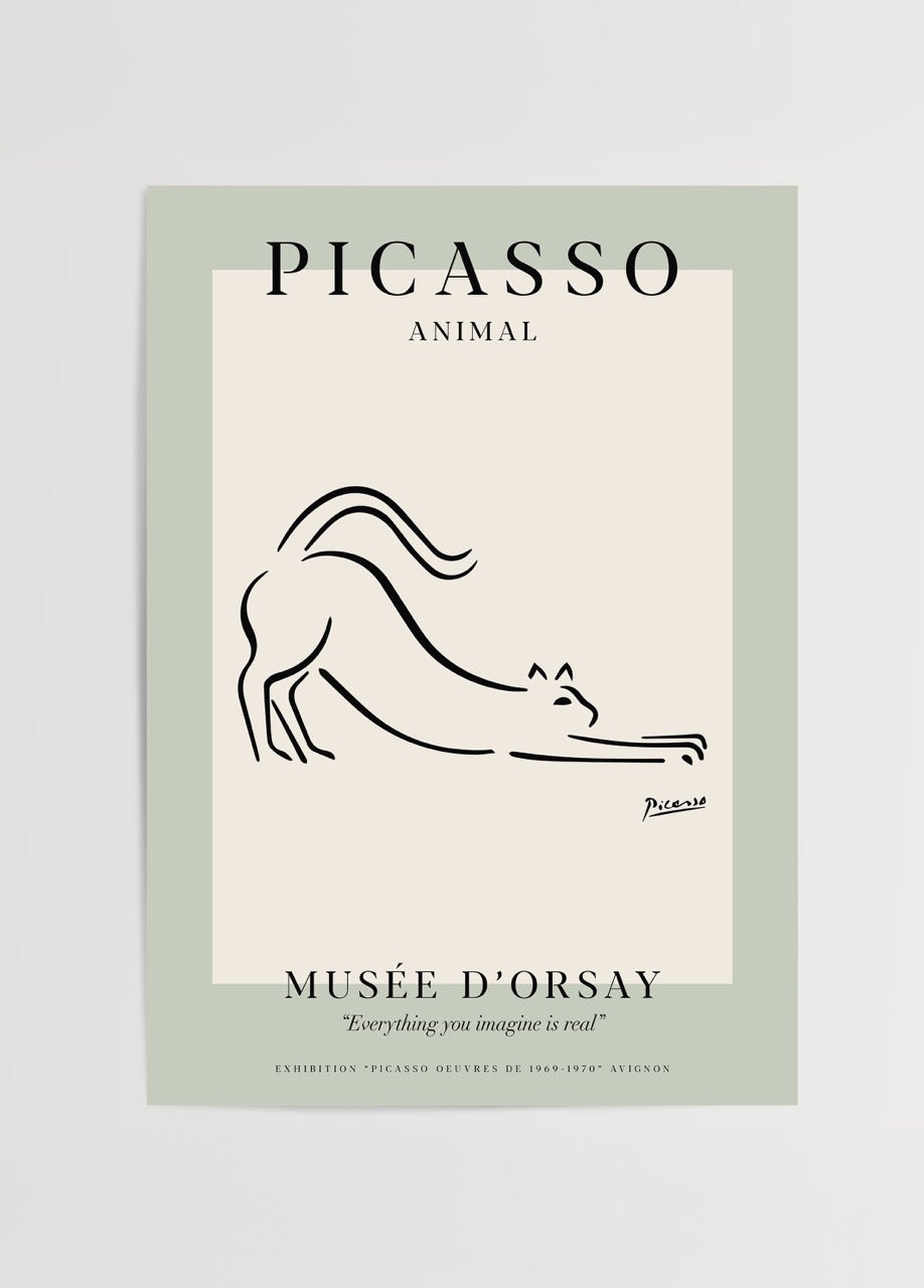 Elegant line art poster of a stretching pet in minimalist style