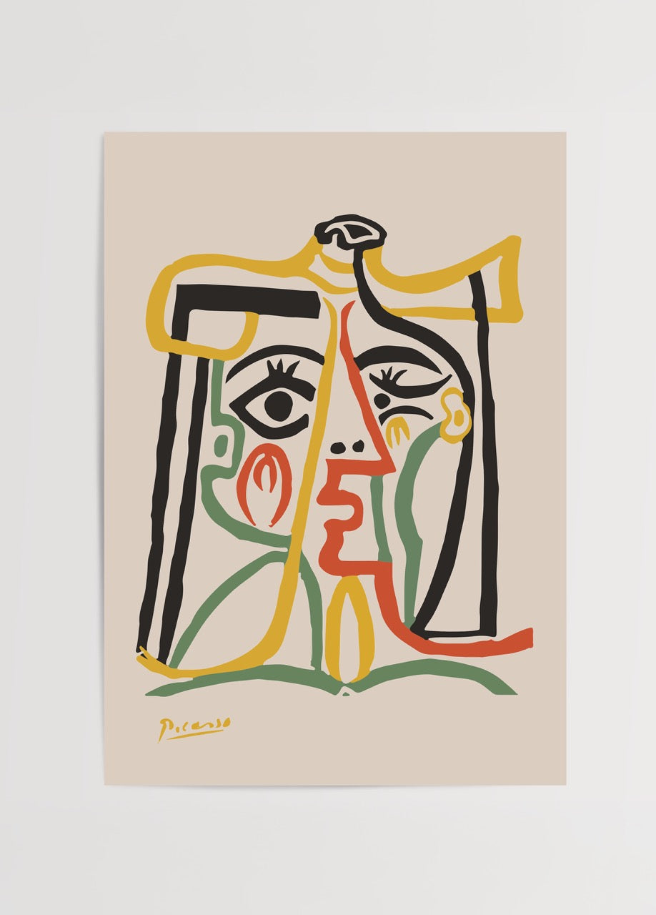 Vibrant abstract portrait wall art featuring bold lines and colours.