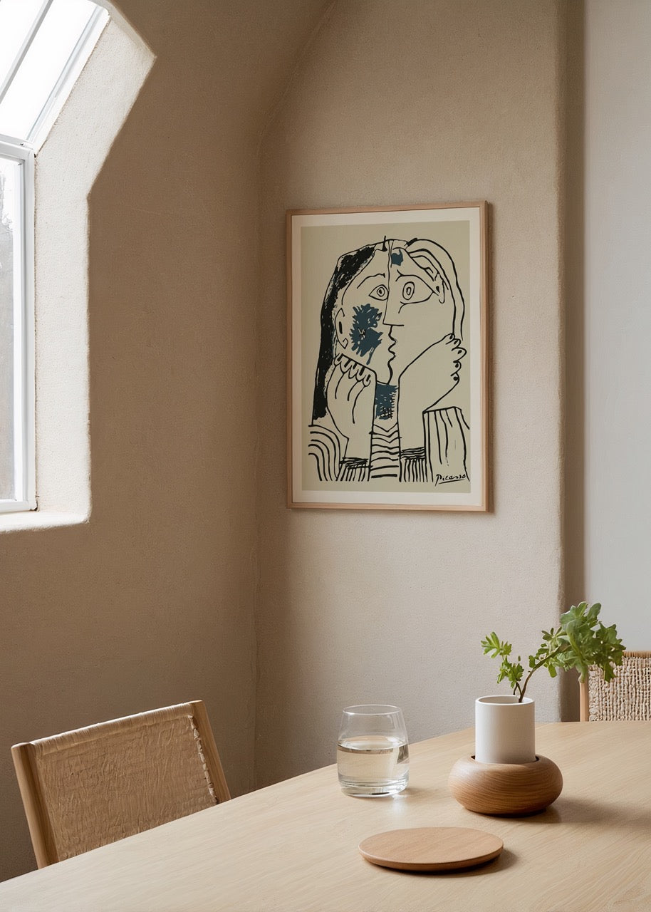 Abstract line art print depicting a tender embrace in neutral tones.