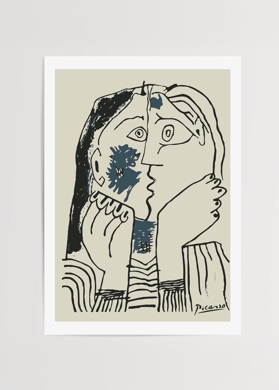 Abstract line art print depicting a tender embrace in neutral tones.