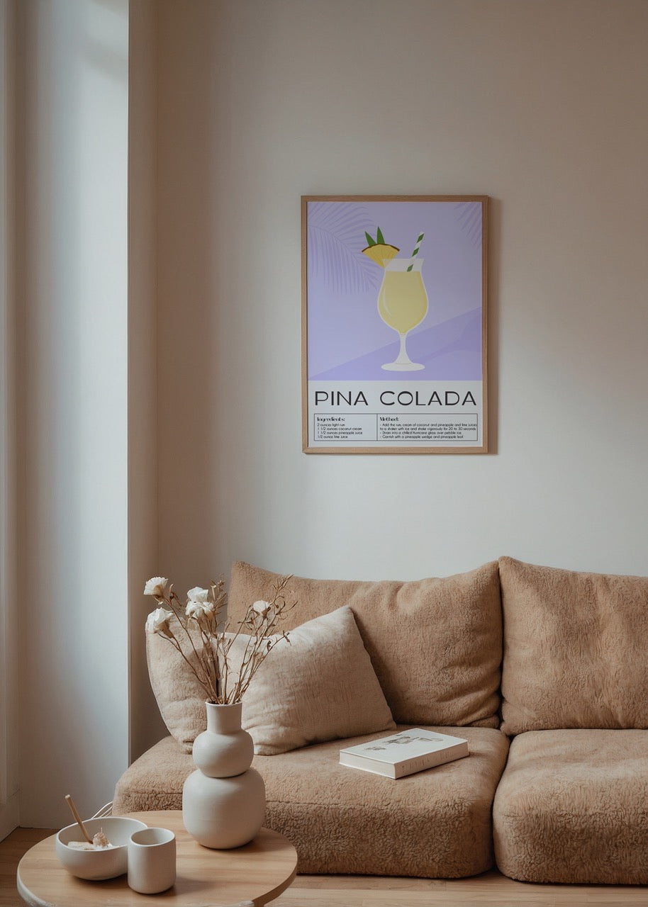 A vibrant illustration of a Pina Colada cocktail in a glass with tropical accents.