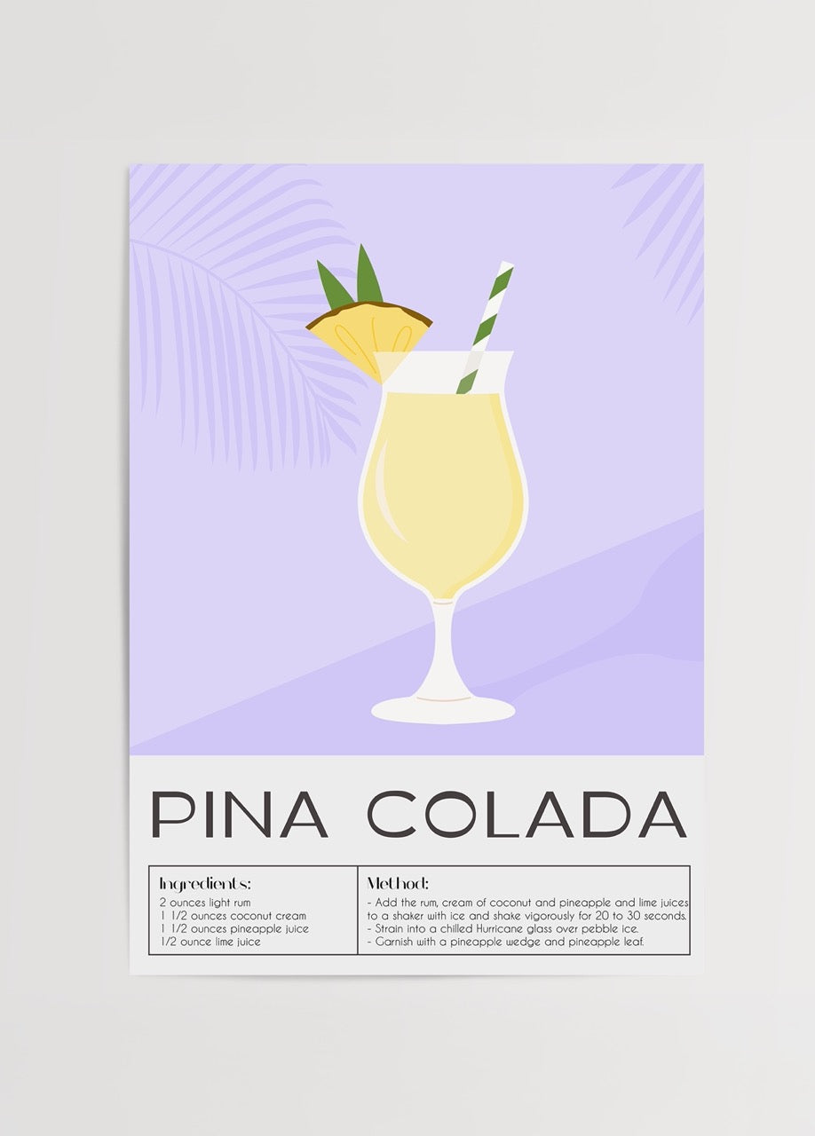 A vibrant illustration of a Pina Colada cocktail in a glass with tropical accents.